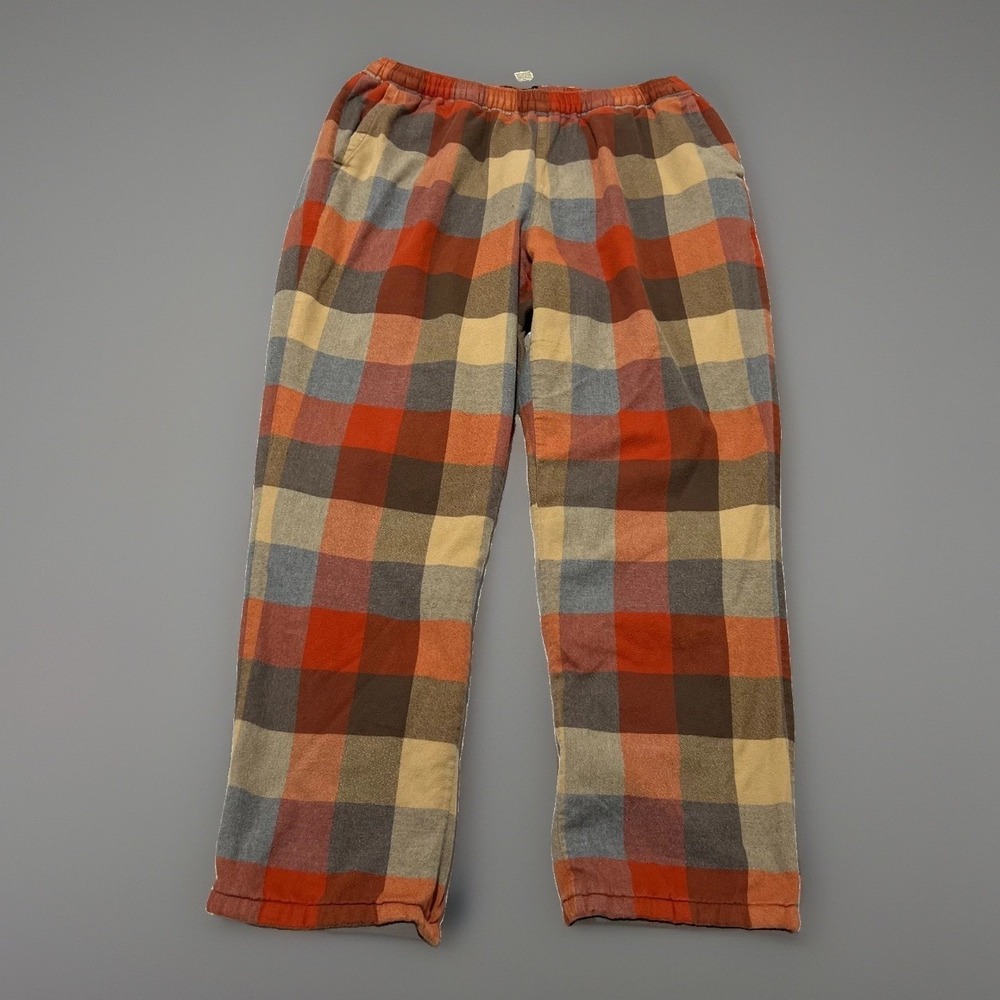 LL Bean Mens Orange Grey Elastic Waist Fleece-Lined Flannel Lounge Pants L